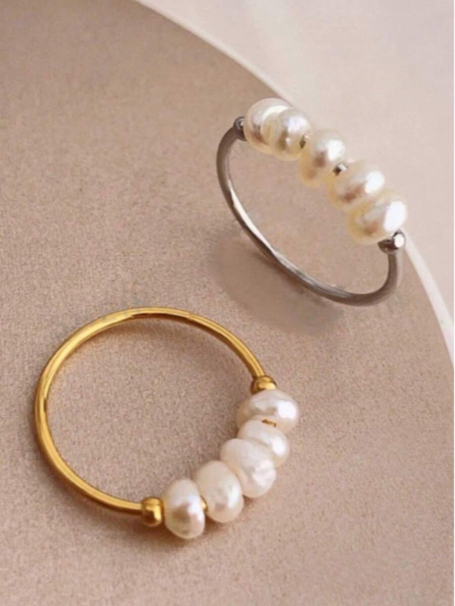 Nhẫn tròn mạ vàng bằng thép không gỉ cao cấp đính ngọc trai giả, trang sức lễ hội, phụ kiện dự tiệc hàng ngày cho nữ, trang sức thời trang, quà tặng bạn thân. - Nhiều màu - Xem 1