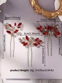 3pcs Vintage Luxury Crystal Red Diamond Leaf Gold Hair Clip Set, Romantic Wedding Party Hair Accessory - Red - View 3