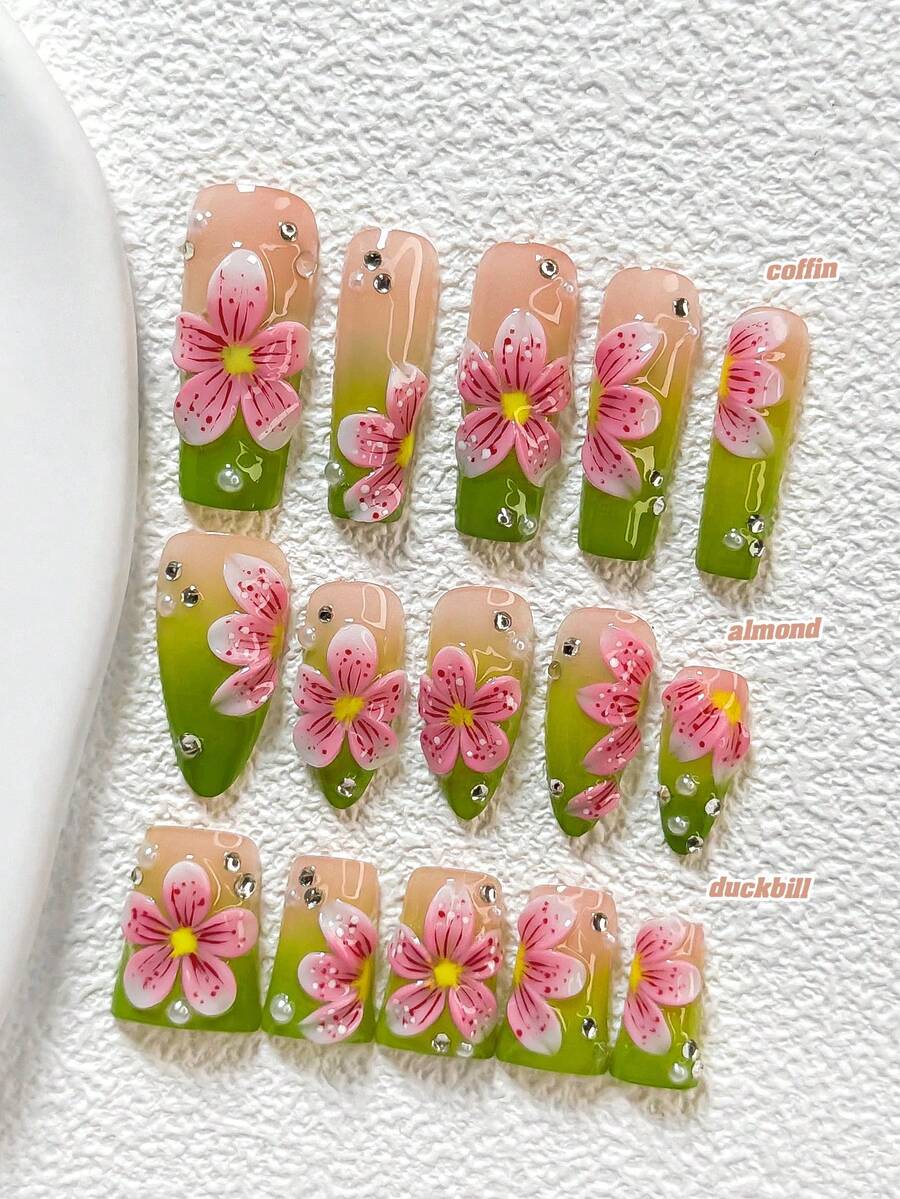 10Pcs Springtime Blossoms Style Handmade Nail Art Set,Polygel Nail Set,Little Pearl Nail Art Accessories,Hand Pinched Five Petal Flower Nail Art Decorations,Pink And Green Nail Polish,Fresh Style, Comes With Nail Tools(1 Sheets Jelly Stickers+1PC Nail File)3 Sizes Available,Almond Nails, Duck Nails,Coffin Nails,Suitable For Reunion,Daily,Party,Photograph,Play,Spring Summer,Commute Supplies Nails - 彩色 - 查看 1
