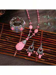 Bộ trang sức phong cách Bohemian màu hồng ngọc lam - Dây chuyền, bông tai và vòng tay tinh tế - Món trang sức nổi bật dành cho phái nữ sành điệu, thiết kế cổ điển thanh lịch, phù hợp cho các dịp lễ, tiệc tùng, hẹn hò, làm quà tặng, đeo hàng ngày, hình trăng lưỡi liềm, chế tác tinh xảo, thích hợp cho du lịch, hẹn hò, tiệc tùng, trang sức mùa thu/đông, trang sức phương Tây, phụ kiện, dạ hội, bãi biển, mùa hè, trang sức, phụ kiện - Hồng - Xem 2
