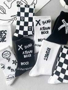 8 Pasang Kaos Kaki Pendek Motif Kotak-kotak dan Huruf Grafiti Warna Acak untuk Anak Laki-laki, Perempuan, Remaja, Gaya Kasual Jalanan, Cocok untuk Musim Semi/Gugur, Kaos Kaki Olahraga, Kaos Kaki Pelajar - MultiWarna - View 4