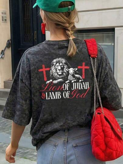 Camiseta gráfica clásica de mujer con lavado de estilo vintage de León y Cordero de Dios | Ropa de fe de estilo lavado vintage, camiseta casual bohemia de calle