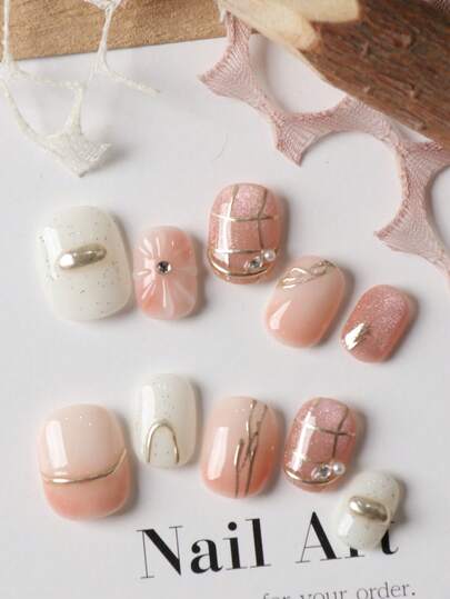 10pcs Press On Nails Pink Cat Eye White Flower Press On Nail Supplies Fake Nails Short Office DailyWear False Nails Artificial Nails Kit Includes 1sheet Adhesive Tabs &1 Pc Mini File