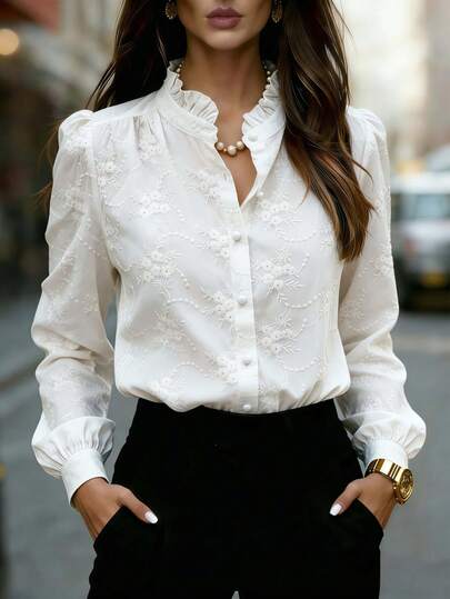 Camisa de manga larga de unicolor con cuello bordado con flores para mujer, camisa casual y de negocios de moda, adecuada para la oficina, el trabajo, el hogar y todo el año, primavera/verano/otoño/invierno