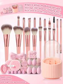 Bộ dụng cụ trang điểm 5/45 món bao gồm: 18 cọ trang điểm + 5 bông mút trang điểm + 5 bông mút trang điểm mini + 5 bông phấn tam giác + 5 bông phấn dạng cushion mini + 1 băng đô + 2 dây đeo chậu rửa mặt + 1 dụng cụ vệ sinh cọ trang điểm + 1 hộp đựng + 2 miếng bọt biển rửa mặt - Hồng - Xem 1