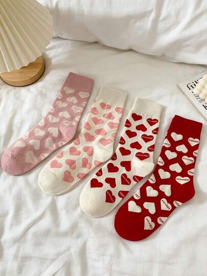 4 đôi tất dài đến bắp chân họa tiết trái tim và chữ cái dành cho nữ, phong cách sinh viên ngọt ngào, thoải mái và đa năng cho trang phục thường ngày, mùa xuân/hè.