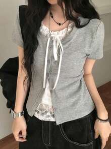 芭蕾舞系带短袖T恤 - 灰色 - 查看 6