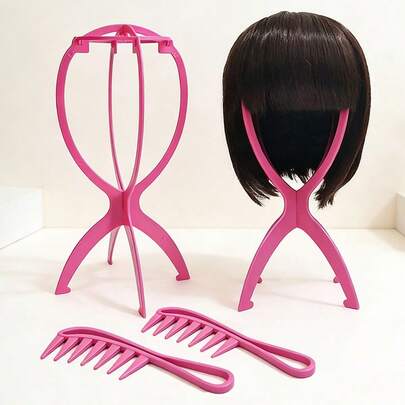 طقم حامل الباروكة البلاستيكي والمشط المكون من 4 قطع، حوامل باروكة محمولة باللونين الأسود والوردي، أدوات عرض باروكة متينة وطقم اكسسوارات الباروكة