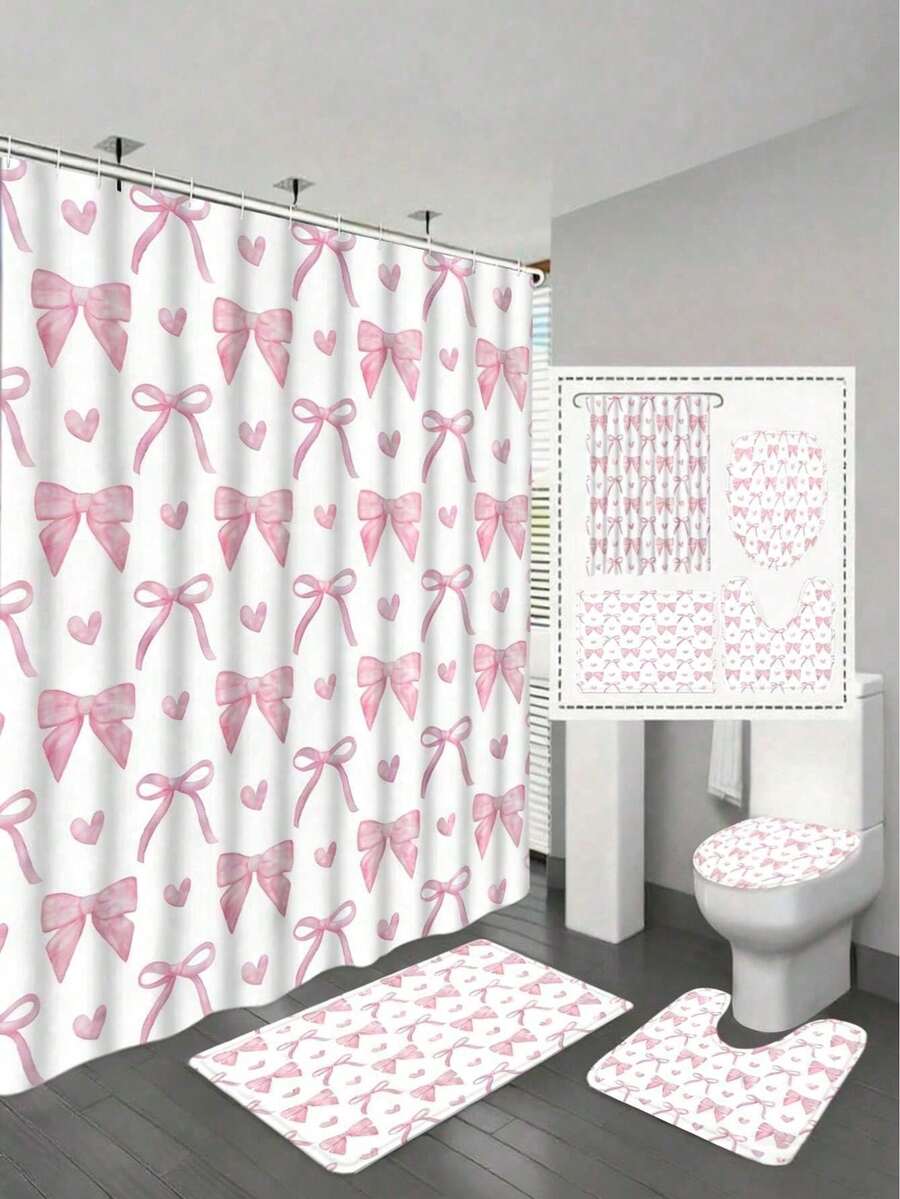 Bộ 1/4 rèm tắm hình nơ hồng dễ thương, bộ rèm phòng tắm hiện đại, phong cách, bao gồm rèm tắm chống thấm nước, thảm chống trượt, bọc nắp bồn cầu, thảm lót sàn và 12 móc nhựa, có thể giặt máy, vải polyester dệt jacquard chống thấm nước.