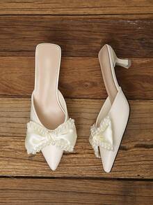 Giày bít mũi nhọn nữ, kiểu dáng slip-on, có nơ và đính hạt, thanh lịch, thích hợp cho đám cưới. - trắng - Xem 5