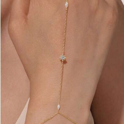EleRunis 1PC 925 Sterling Silver Dainty Star Ring Bracelet Hand Chain For Women Dainty Cubic Zirconia Bracelet And Ring Chain Body Jewelry Daily Wear Wedding Party Engagement Anniversary Valentine's Day