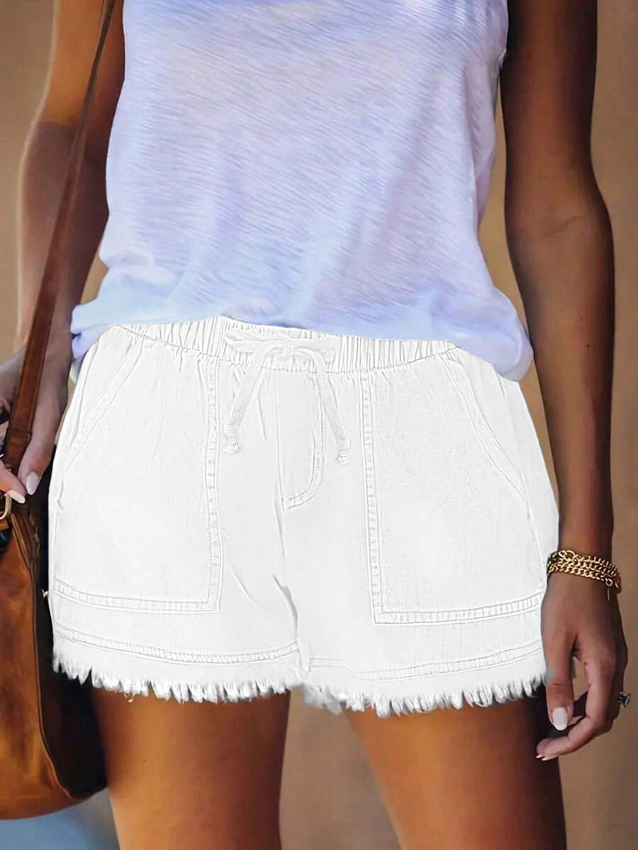 Women's Casual Elastic Waist Frayed Hem Denim Shorts White Summer - 白色 - 查看 1