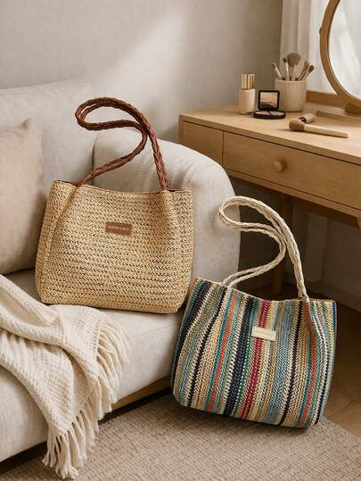 女士草编手提包，单肩包，夏季海滩度假手提包，大容量休闲购物袋，轻便旅行手提包，适合日常使用、野餐、购物、度假，波西米亚风时尚包