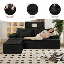 83"L-Shaped Boneless Couch,Modular Sectional Sofa With Moveable Ottoman & Deep Seat,Corduroy Upholstered Cloud Couches For Living Room Bedroom - Black - View 8