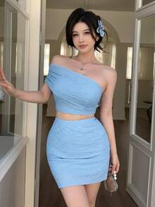 abyoxi 蓝色不对称领口褶皱极简抹胸上衣+修身半身裙两件套，采用纹理面料，休闲优雅，适合日常穿着、海滩度假、春夏新款女装 - 湖藍色 - 查看 2