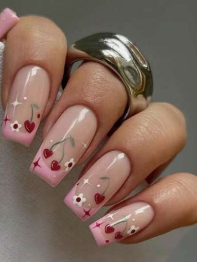 24pcs Square Pink Cherry Blossom Nail Stickers, Hand-Painted Small Flower Glitter Fake Nails, Translucent Nude Pink Ombre Nail Wraps With 1 Piece Jelly Gel And 1 Nail File, Suitable For Spring Girly Style, Date, Soft Sweet Girl Vibe, Brightens Hands