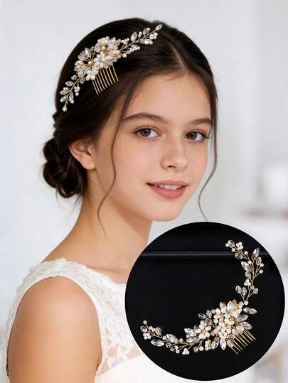 1件精美手工串珠水晶仿珍珠花朵发梳，适合日常佩戴、上学、表演、舞会、节日、生日礼物、拍照，时尚甜美，是女孩的理想配饰。