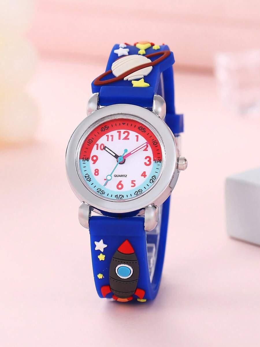 Cute Cartoon 3D Dinosaur & Rocket Design Quartz Watch, Fashionable Gift For Boys And Girls - Blue - View 1