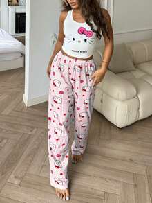 SANRIO 2件套Hello Kitty女士印花露脐背心和松紧腰裤可爱睡衣套装，圣诞节 - 粉色 - 查看 7
