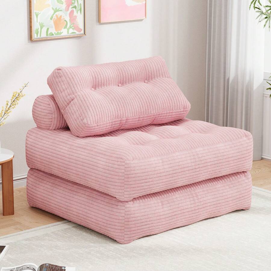Folding Lazy Sofa Bed, Convertible Sleeper Chair With Pillow Foldable Mattress With Pink Support, Portable Fold Out Chair Bed Comfy Floor Sofa Lounge For Living Room Bedroom, Pink, Single - 粉色 - 查看 1