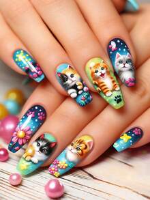24 adorables pegatinas de uñas con diseños de animales de dibujos animados, con diseños florales y de gatitos, perfectas para mujeres. El diseño lindo de gatito es ideal para amantes de los animales y para uso diario. Fácil de aplicar y retirar. - Multicolor - Ver 1