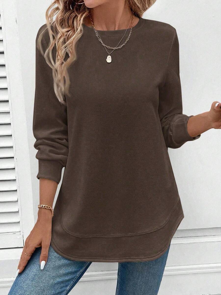 Crew Brown Neck Waffle Knit Long Sleeve Top For Women, Asymmetrical Hem Casual Comfy Basic Tee, Soft Summer Daily Outfit - 棕色 - 查看 1