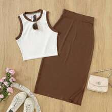 Conjunto de 2 piezas de camiseta sin mangas y falda larga de unicolor con ribete de contraste en estilo vintage elegante para resort, primavera/verano - Blanco y marrón - Ver 2
