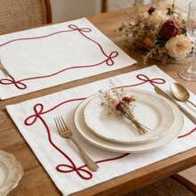 1/2/6 piezas Manteles individuales cuadrados con bordado de lazo rojo estilo minimalista Ins, adecuados para cafetería, fiesta, comedor, resistentes al calor - Multicolor - Ver 2