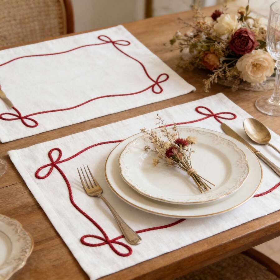 1/2/6 piezas Manteles individuales cuadrados con bordado de lazo rojo estilo minimalista Ins, adecuados para cafetería, fiesta, comedor, resistentes al calor - Multicolor - Ver 1