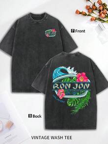 2026 Summer Vintage Wash Tee, Orlando, Hibiscus Print, Wave Graphic, Tropical Leaf, Oversized Fit, Short Sleeve, Crew Neck, Washed Black, Surf Style, Retro Logo, Men's Top, Casual Wear, Beachwear, Summer Clothing - 黑色 - 查看 1