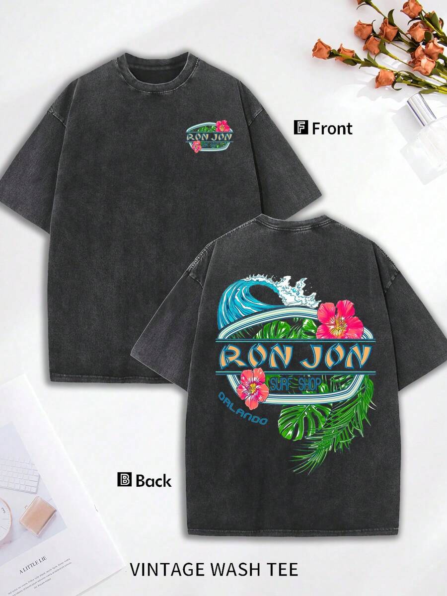 2026 Summer Vintage Wash Tee, Orlando, Hibiscus Print, Wave Graphic, Tropical Leaf, Oversized Fit, Short Sleeve, Crew Neck, Washed Black, Surf Style, Retro Logo, Men's Top, Casual Wear, Beachwear, Summer Clothing - 黑色 - 查看 1