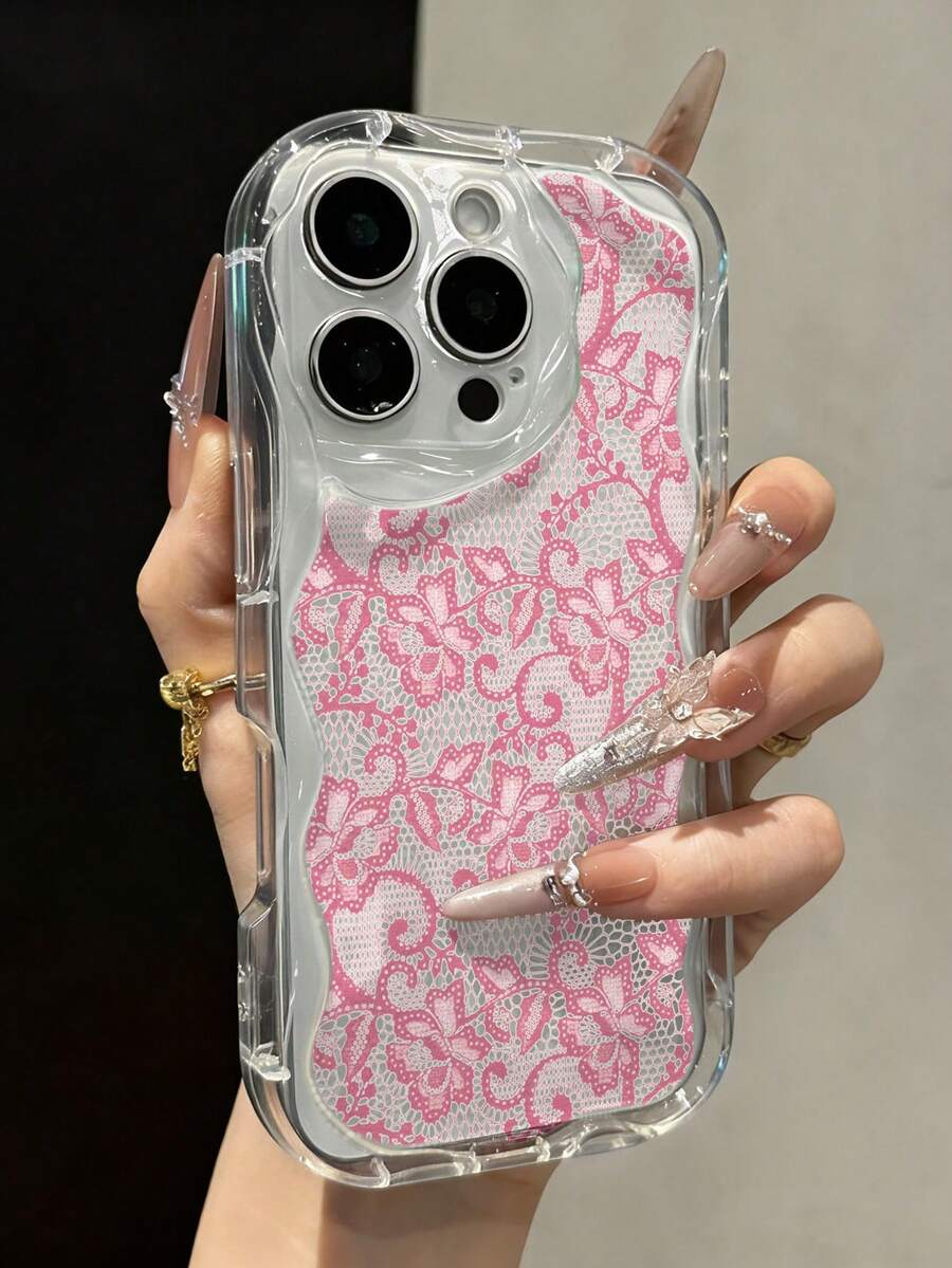 粉色蕾丝彩绘透明奶油色印花软壳，兼容 17/17PROMAX/ 16/ 16 Pro/ 16 Pro Max/ 15/XR/7P/8P/P12 Pro Max/P13 Pro Max/P14 PRO Max/P13/P14/P11/P12/P14，可爱时尚加厚保护壳，适用于 XS/S/XS Max/78GES2