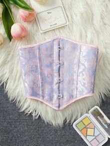 Sweet Pink & Blue Jacquard Waist Belt, Overlay Design With Back Tie, Slip-Resistant Metal Buckle, Versatile Slimming Waist Accessory, Corset - Powder Blue - View 7