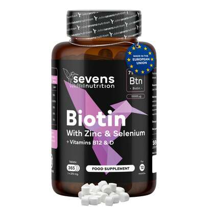  Biotina para el Cabello 10.000 mcg + Zinc + Selenio + B12 - 365 Comprimidos (1 año) - Crecimiento pelo mujer - Vitaminas para el cabello piel y uñas - Sevens Nutrition - Envío en 24-48 horas