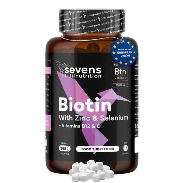 Biotina para el Cabello 10.000 mcg + Zinc + Selenio + B12 - 365 Comprimidos (1 año) - Crecimiento pelo mujer - Vitaminas para el cabello piel y uñas - Sevens Nutrition - Envío en 24-48 horas