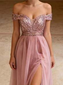 Dusty Pink Off Shoulder Sequin Bodice High Split Tulle Prom Dress - Elegant Mesh Evening Gown For Party & Formal Events - 粉色 - 查看 3
