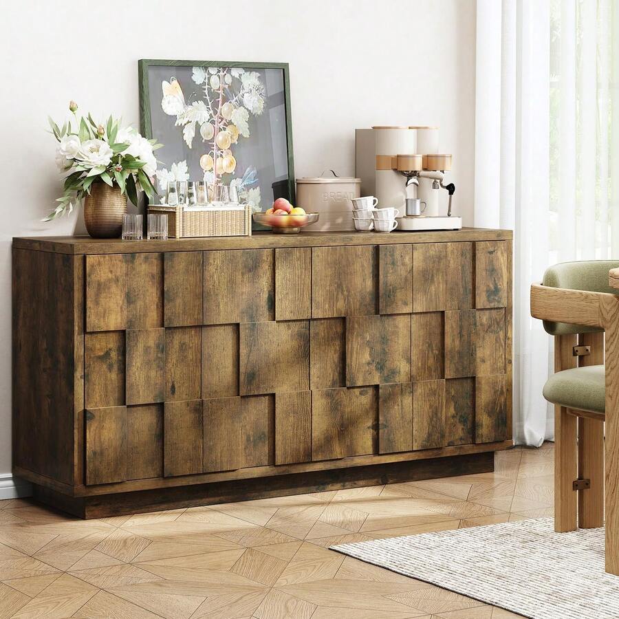 Aparador tipo buffet natural, consola moderna de mediados de siglo con 4 puertas, estante abierto con estantes ajustables, mesa de bar de café de 60 pulgadas para cocina y sala de estar, color natural. - Marrón rústico BSB-111 - Ver 1