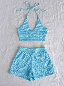 Soleia 2pcs/Set Women Vacation Outfit - Sweet And Cute Romantic Country Style Pale Yellow Textured Knit V-Neck Spaghetti Strap Top And Shorts Set, Bohemian, Boho, Romantic Floral Yellow Two Piece Set Summer Two Piece Set Butter Yellow Two Piece Set Yellow Bathing Suit Set Beach Two Piece Set - 藍色 - 查看 2