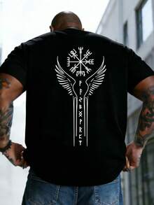 AnChiStreetwear - 大码男士时尚简约护身符翅膀图案印花休闲短袖T恤，适合街头穿搭、户外活动和日常通勤。 - 黑色 - 查看 1