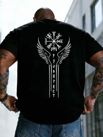 AnChiStreetwear - Modische Herrenshirt in Große Größen, minimalistisches Amulett-Flügel-Grafikprint, Lässig Kurzarm T-Shirt, geeignet für Streetwear, Outdoor und täglichen Gebrauch