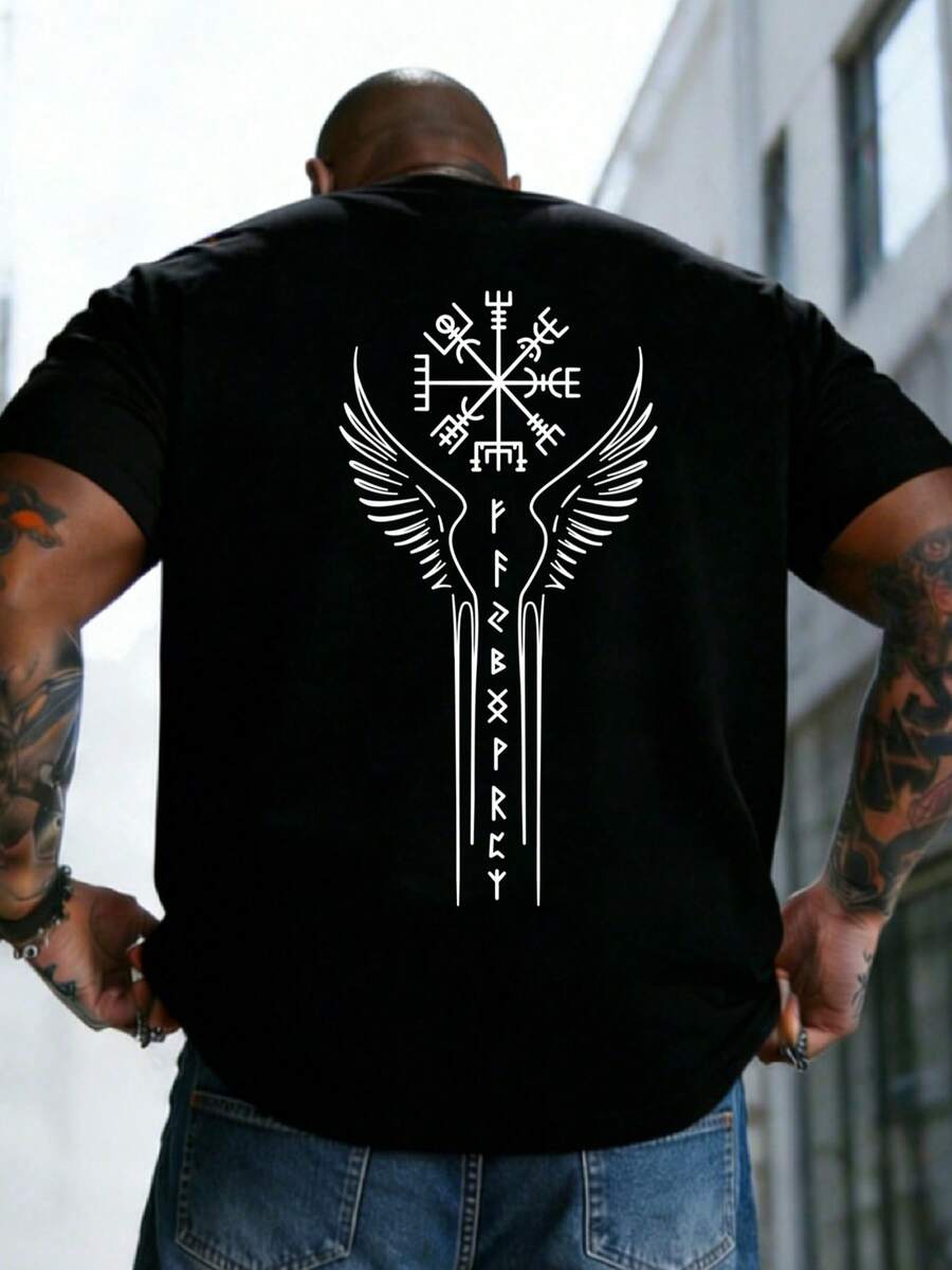 AnChiStreetwear - 大码男士时尚简约护身符翅膀图案印花休闲短袖T恤,适合街头穿搭、户外活动和日常通勤。 - 黑色 - 查看 1