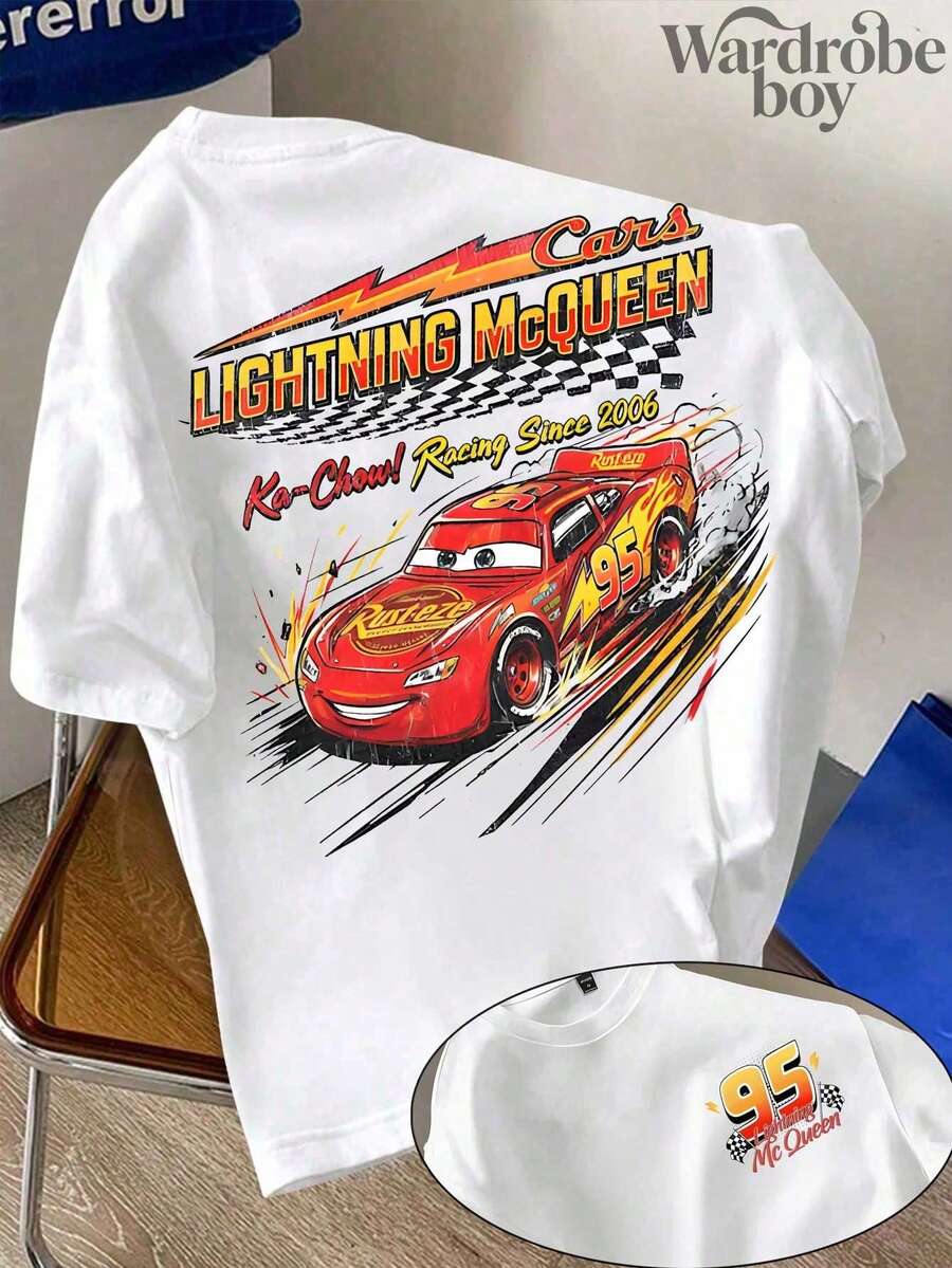 Disney Printed T-Shirt,Men's Lightning McQueen, Disney Cars Hoodie, Pixar Cars Radiator Springs TT-Shirt,Unisex,High-Quality Pure Cotton T-Shirt,Suitable For All Seasons, Comfortable And Breathable| Exquisite Design | The Best Choice For Giving Gifts - 白色 - 查看 1