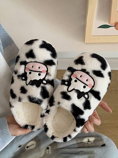 Nuevos y lindos zapatillas de casa con diseño de vaca para invierno, zapatillas de interior de felpa cálida con bloques de color, zapatillas de casa antideslizantes de dibujos animados con suela suave y forro térmico grueso, adecuadas para el hogar y uso en interiores