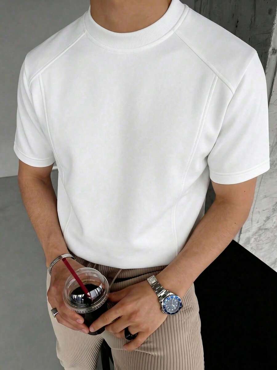 1pc Men's White Short Sleeve Crew Neck T-Shirt, Contrast Stitching Deconstruction Patchwork, Heavy-Weight Knit Fabric, Machine Washable, Minimalist Retro Fashion Style, Suitable For Casual Daily Wear - White - View 1
