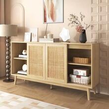 Sideboard With 3 Sliding Doors Made Of Genuine Rattan And 2 Drawers, 155x38x80 Cm, Breathable, Stable And Versatile. - Natural Color - View 4