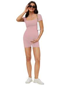 Buttery Soft Maternity Bodysuit – Short Sleeve Romper, Square Neck, Photoshoot Casual Workout Maternity-Clothes - 粉色 - 查看 7