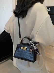 优雅奢华小方包，新款时尚百搭鳄鱼纹压花手提包，女士通勤单肩斜挎包 - 黑色 - 查看 2