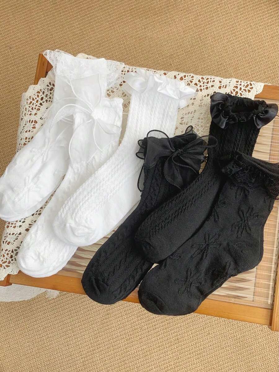 1/2/3/6 Pairs Sweet Versatile Lace Trim, Braided, Bow Lolita Mid-Calf Socks - Multicolor - View 1