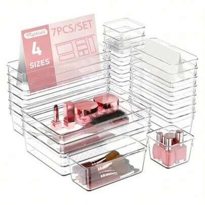 7-Piece Tray Set, Transparent Drawer Storage Box Set, 4 Different Sizes Of Trays, Versatile, Suitable For Storing Cosmetics, Pens, Small Items, Etc., Very Suitable For Bathrooms, Dressing Tables, Office Drawers, Etc., Also Applicable To Vacation Beaches, Bathrooms, Bedrooms, Etc., With Large Capacity.