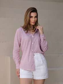 Women's Striped Cotton Linen Dress Shirt, Long Sleeve, Casual, Chic, Elegant, For Work, Travel, Office, Sophisticated - 玫瑰 - 查看 4